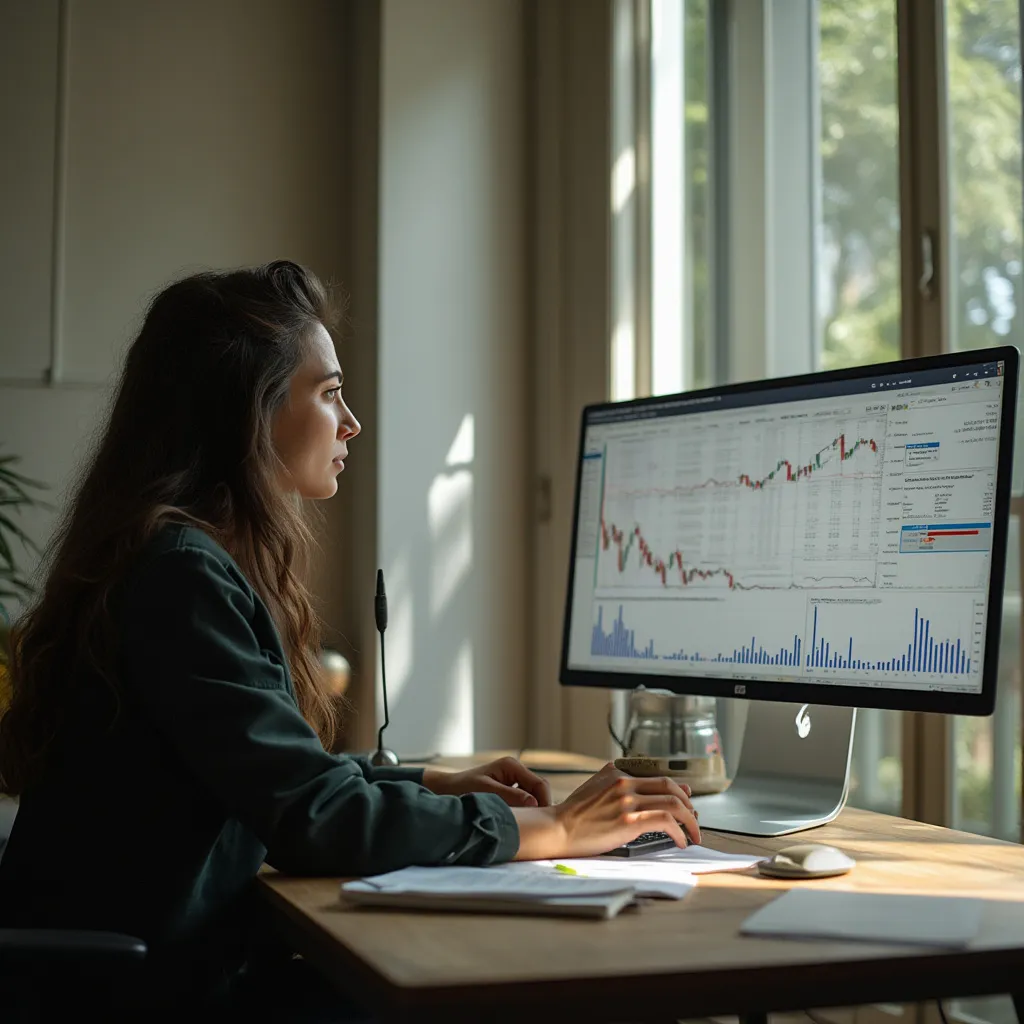 Persona sonriendo felizmente mientras revisa un gráfico financiero que muestra un crecimiento positivo.